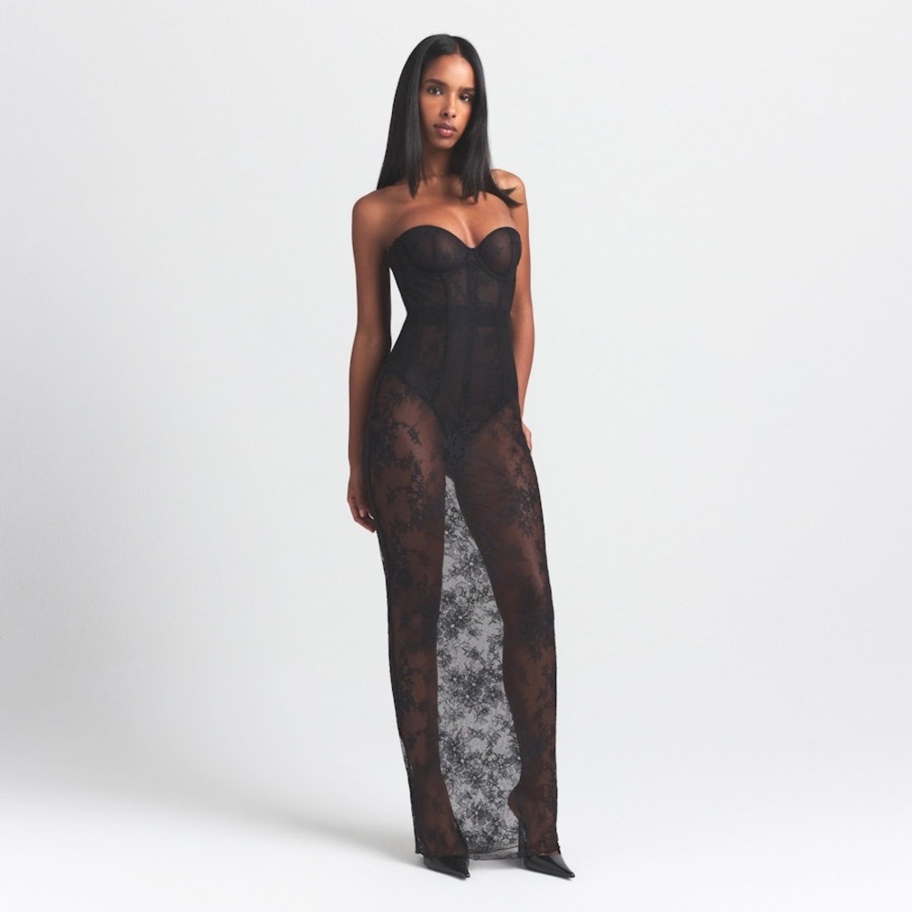 SKIMS Ultra Fine Lace Strapless Corset Long Dress